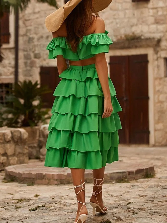 Off Shoulder Ruffle Solid bikini and skirt