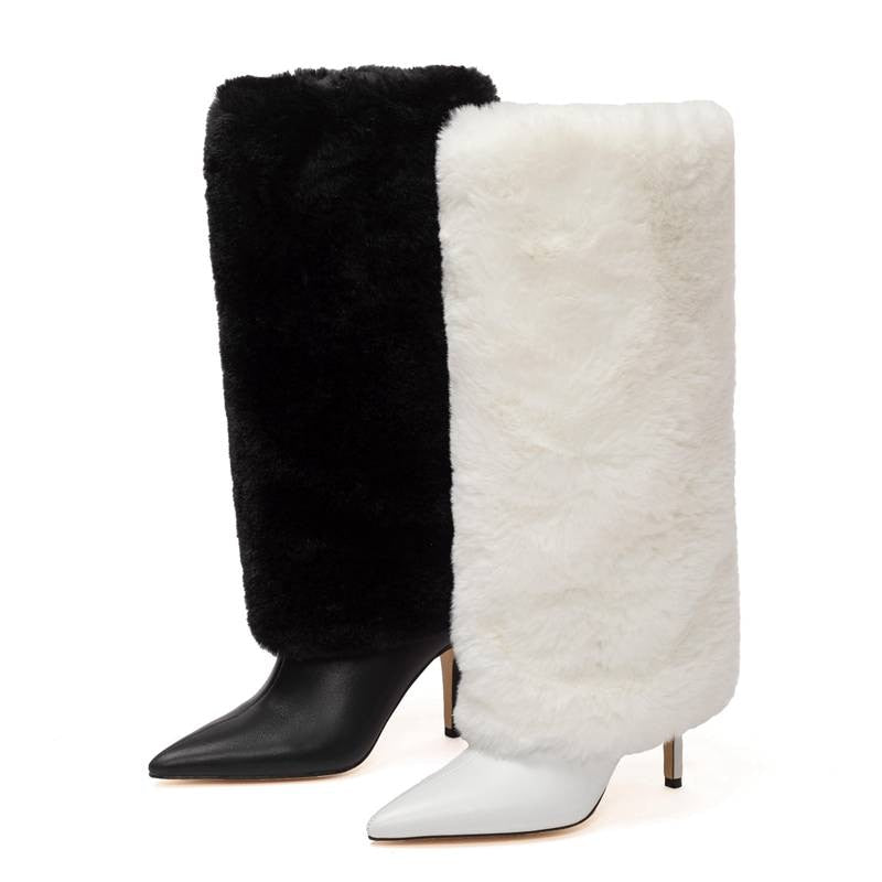 Design Shoes For Ladies Knee High Boots Natural Fur Winter Warm Pointed Toe Thin Heels
