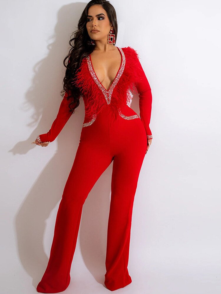 Sexy Crystal Feather Patchwork Jumpsuit Women Long Sleeve Deep V Neck Rompers Wide Leg Pant Clubwear Outfits