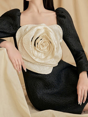 Evening Dress Square Collar Long Sleeve Spliced Flower Waist Black Mini