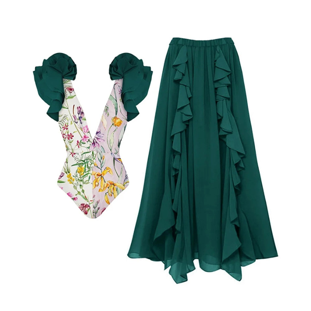 swimwear Holiday Beach Dress Deep Green Skirt Flower