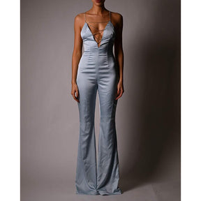 Women Jumpsuit Sexy Spaghetti Strap Diamond Backless Jumpsuit Deep V Neck Sleeveless Bodycon Evening Long Satin SliP Pants 2022