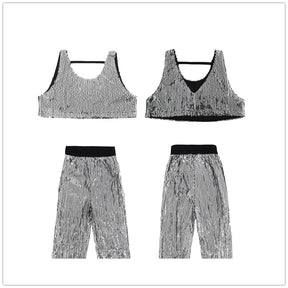 Girls Hip Hop Crop Top Sequins Silver Pants Clothes Sets Kids Jazz Vest Outfit Child Streetwear Teens Street Dance Stage Costume