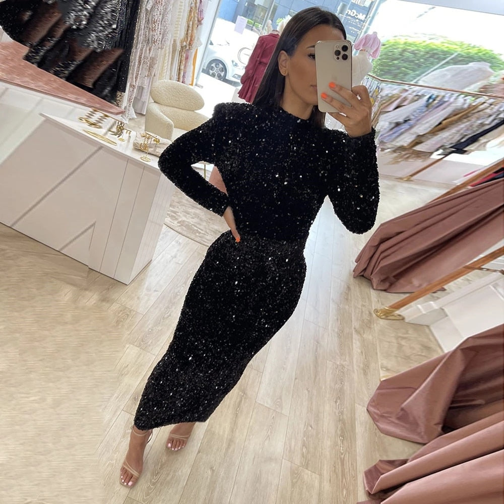 Modest Black Sequins Prom Dresses Short Formal Evening Gowns Long Sleeves High Neck Ankle Length Night Party Women Outfits Robe