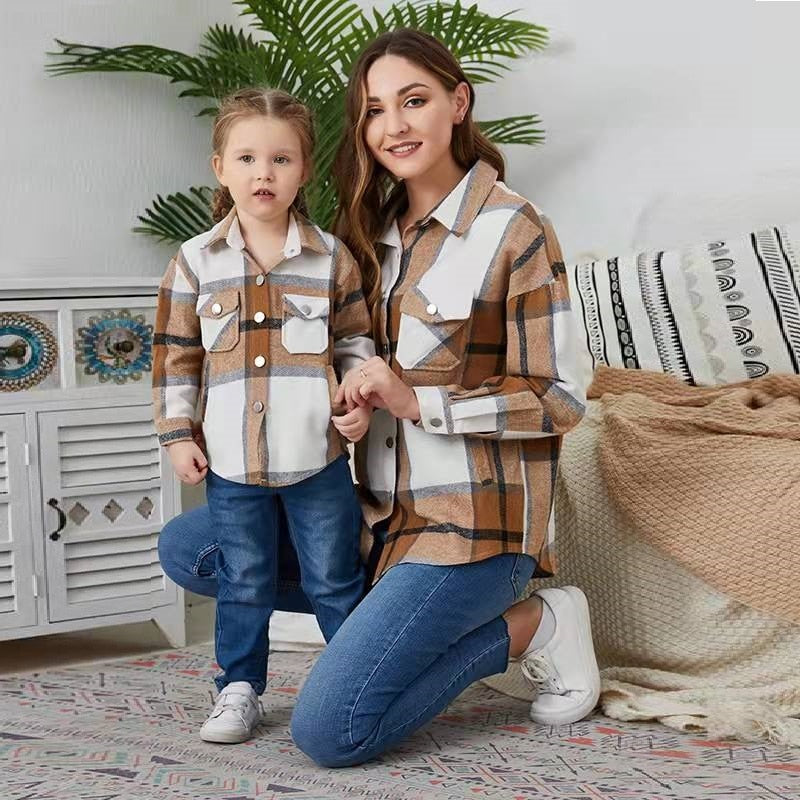 Plaid Mother Daughter Matching Blouses Family Set Long Sleeve Mommy and Me Clothes Autumn Mom Baby Women Girls T-Shirts Dresses