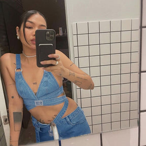 Denim Bandage V-neck backless Tops And High Waist Loose Straight Sashes Jeans Female Summer 2023
