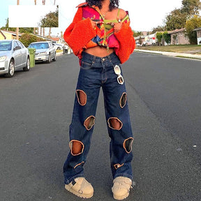 Hole Hollow Out Low Rise Baggy Jeans Women Streetwear Vintage Blue Denim Trousers Wide Leg Pants