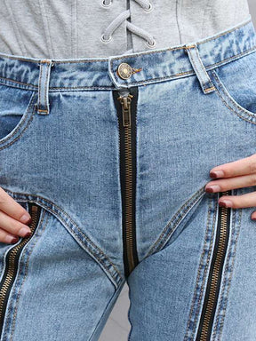 Jeans Patchwork High Waist Zipper Split Fork Burr Long Straight Denim Pencil Pants Spring 2023 New