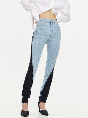 jeans New High Waist Slim Contract Color Patchwork Denim Pencil Pants Female Streetwear Autumn 2023 WT052