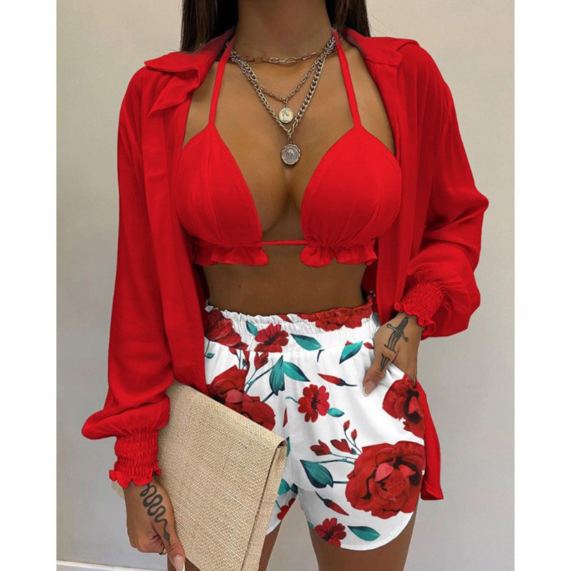 High Waist Bikini Swimsuit Three Pieces Swimwear Sexy Beachwear 2023 New Bathing Suit Shorts Cover Up Summer