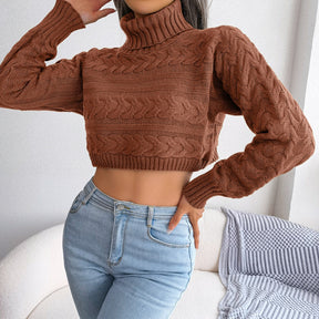 Casual Twist Long Sleeve Turtleneck Crop Knit Sweater For Ladies Fashion All Match Tops