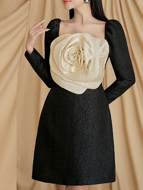 Evening Dress Square Collar Long Sleeve Spliced Flower Waist Black Mini