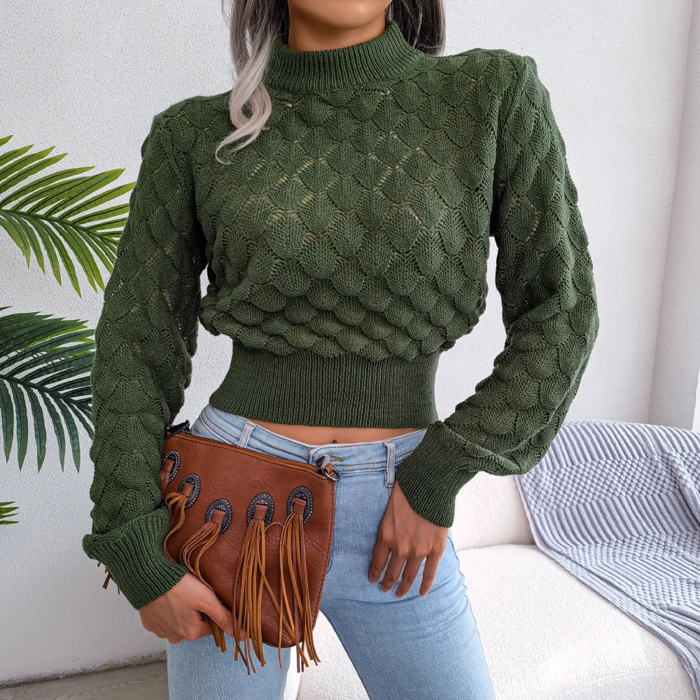 Fashion Fall Winter 3D Diamond Cutout Long Sleeve Solid Color Chic Crop Knit Sweater