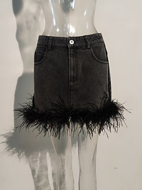 Denim Skirt High Waist Streetwear Black Patchwork Feather A-line Skirts Spring 2023 New Trendy 17A5616