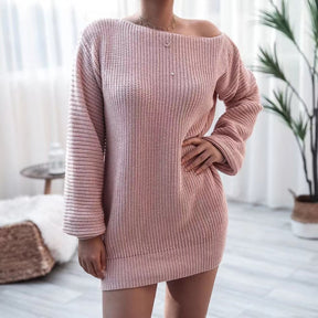 Long Sleeve Mini Sweater Dress Ladies Casual Elegant Solid Loose Warm Pullover