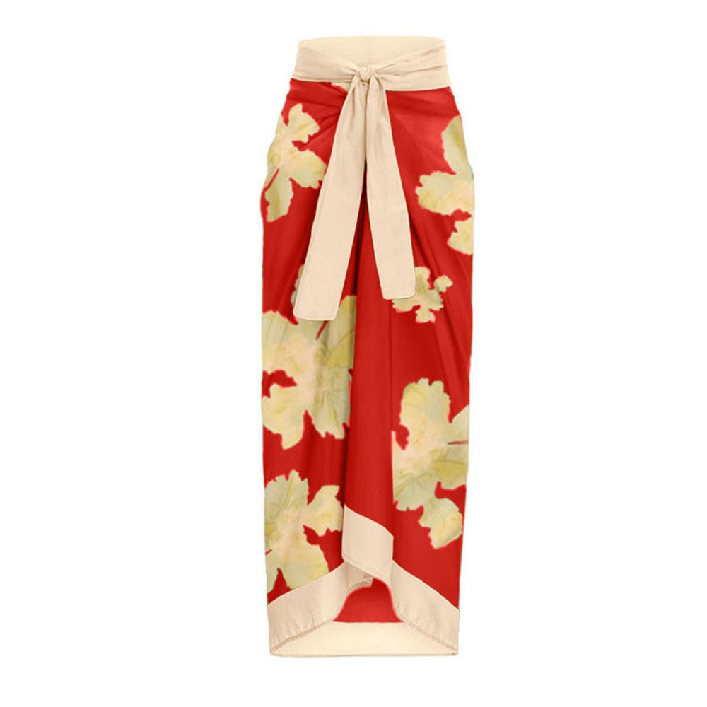 Fashion Red Print Deep V Neck Sexy Bikini One Piece Strapless Beach Dress High Waist Cut Chic Swimwear Push Up Beachwear Women