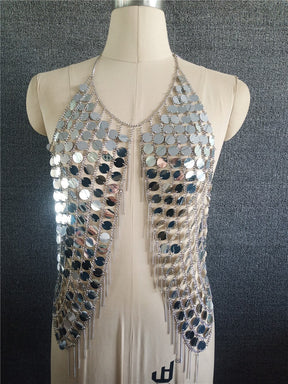 Bling Sequined Crop Tops Sexy Magnificent Metal Sequins Tassel Harness Punk Necklace Bra Chain Dance Wear Tank Top