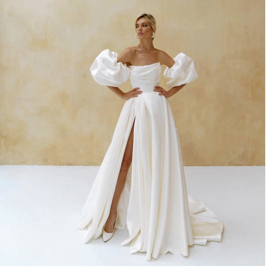 Elegant Satin Wedding Dress Short Puff Sleeves 2022 Simple Plain White Bridal Gown A-Line Side Slit Sweep Train Vestido de Novia