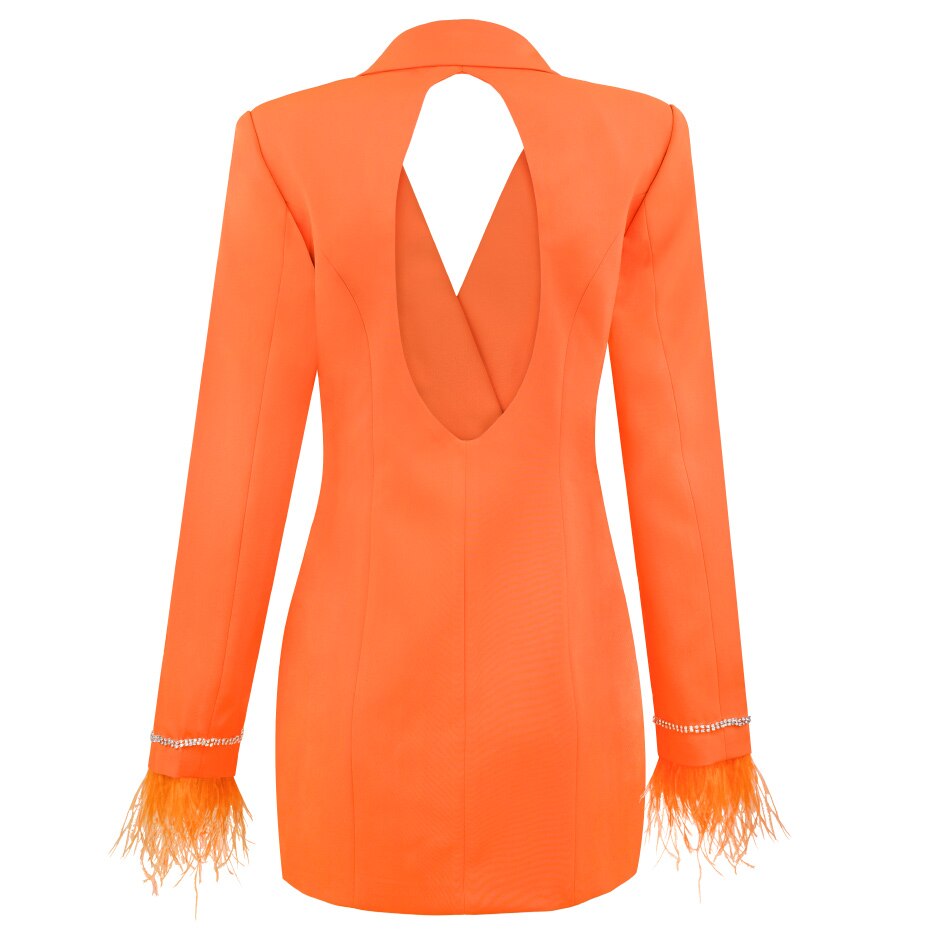 Orange Double-Breasted Crystal Buttons Feather Fur Embroidered Sleeve Cuff Backless Back Kyehole Blazer Dress With Peak Lapels