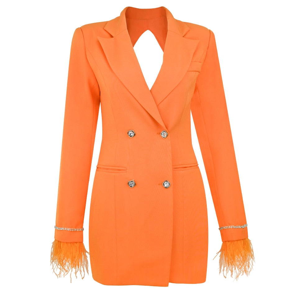 Orange Double-Breasted Crystal Buttons Feather Fur Embroidered Sleeve Cuff Backless Back Kyehole Blazer Dress With Peak Lapels