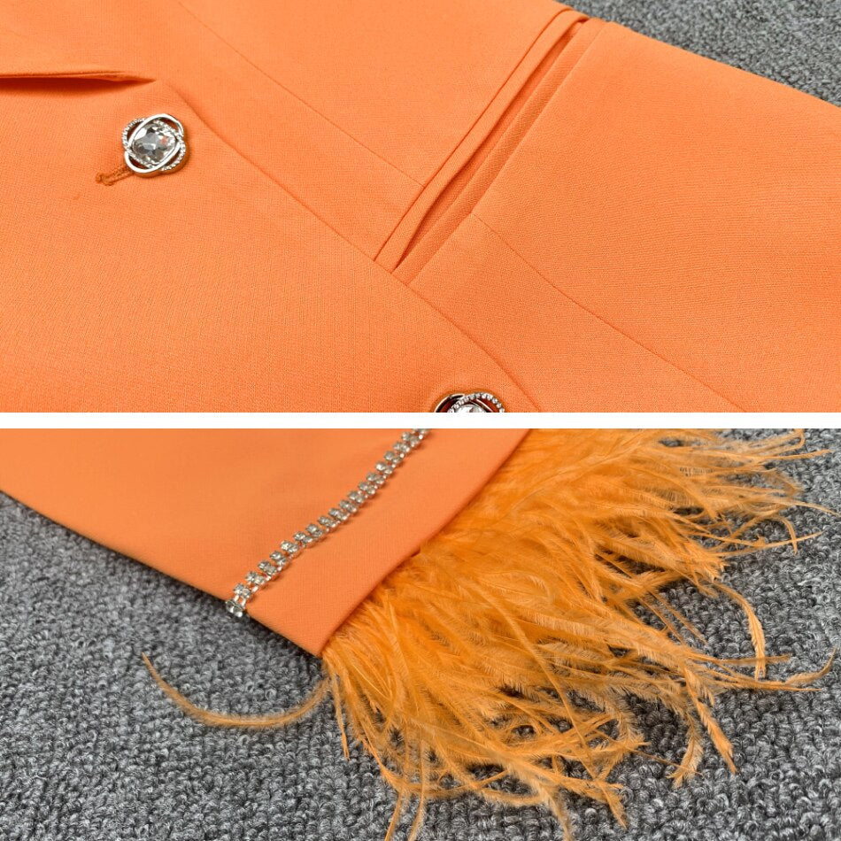 Orange Double-Breasted Crystal Buttons Feather Fur Embroidered Sleeve Cuff Backless Back Kyehole Blazer Dress With Peak Lapels