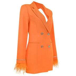 Orange Double-Breasted Crystal Buttons Feather Fur Embroidered Sleeve Cuff Backless Back Kyehole Blazer Dress With Peak Lapels