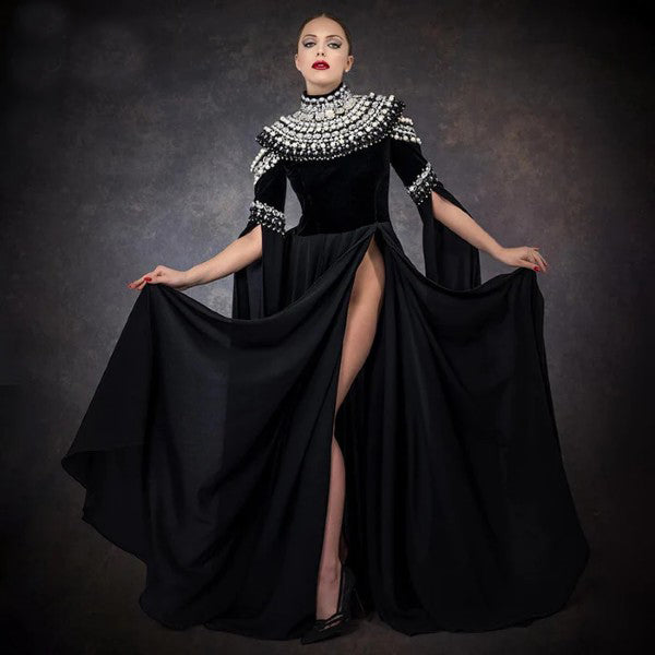 New Pearl Design Velvet Long High Waist Robe Woman Sexy Slit Black Dress