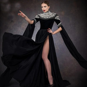 New Pearl Design Velvet Long High Waist Robe Woman Sexy Slit Black Dress