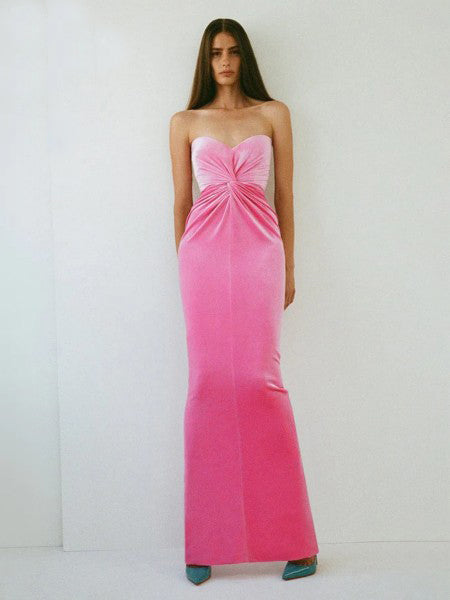 Hot Pink Strapless Velvet Dresses Women Trendy Cross Knot Design Bodycon Long Elegant Dress Vestido