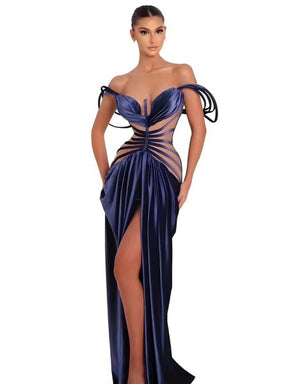 Navy Blue Striped Velvet Dress Women Sleeveless Party Evening Long Dress Vestido