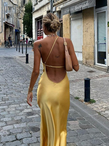 Sexy Backless Satin Maxi Dress for Women Fashion One Shoulder Slim Club Party Dresses 2022 Summer Elegant Chic Sleeveless Dress